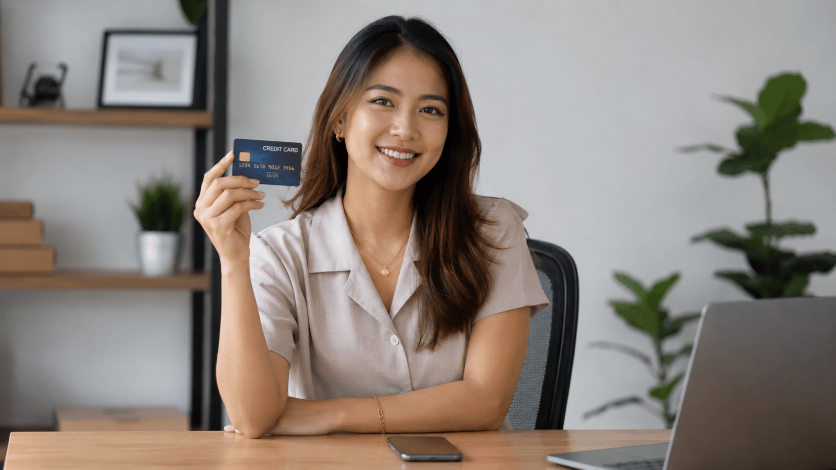 Filipino woman comparing credit card options on a phone and laptop