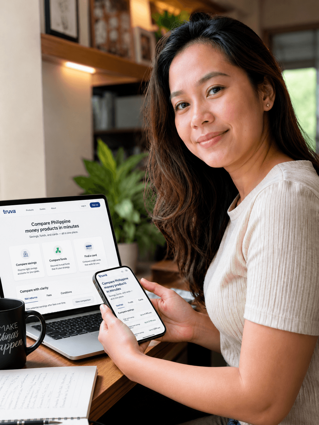 Filipino woman comparing financial products on a phone and laptop